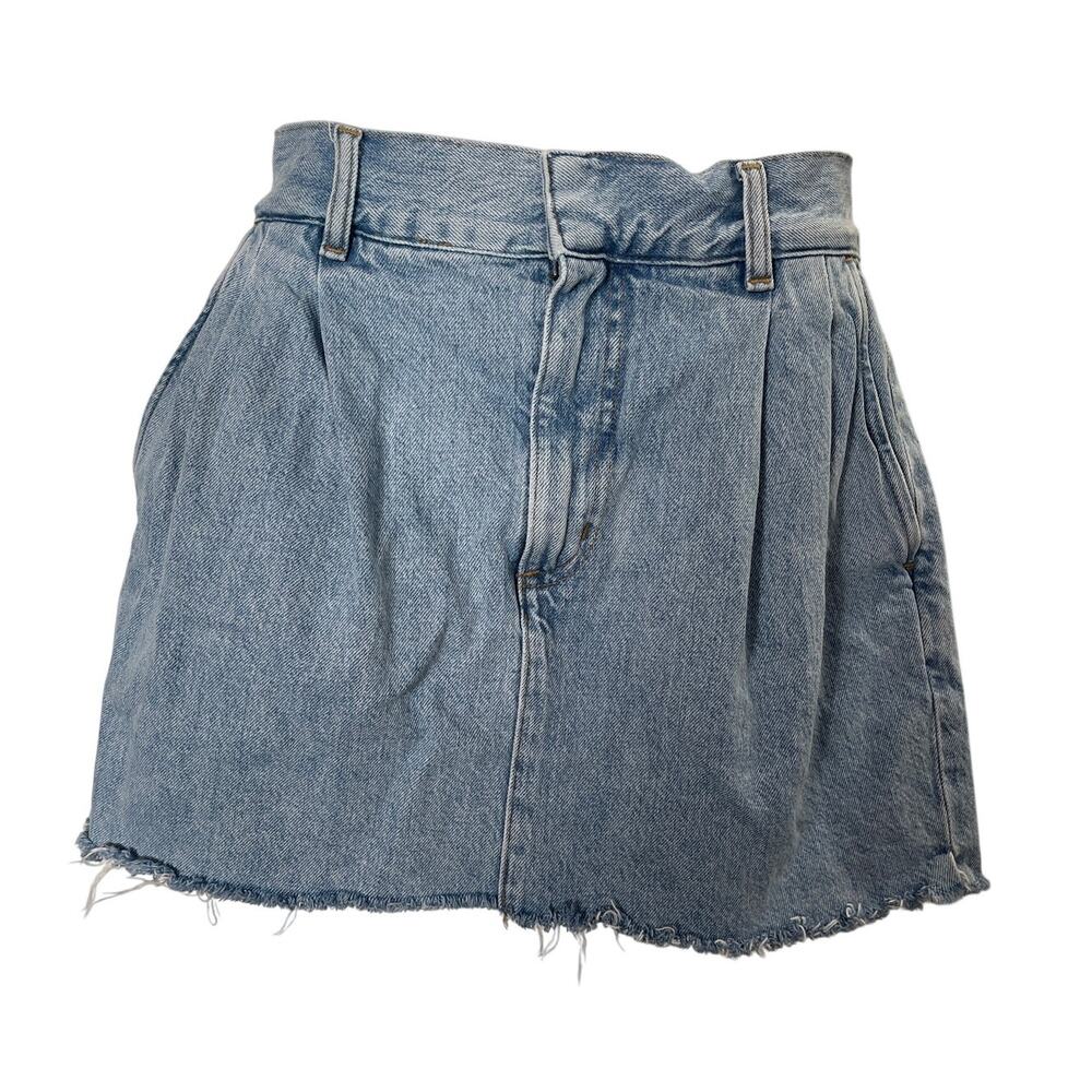 Agolde Becker Raw Hem Pleated Front Denim Mini Skirt Medium Wash Size 27
